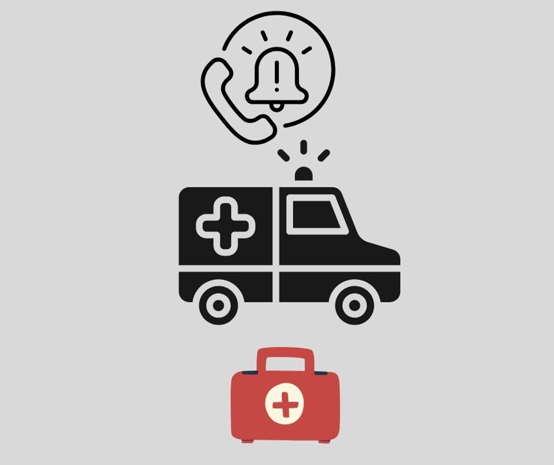 Icon eines Notrufs, eines Krankenwagens und eines Verbandskastens