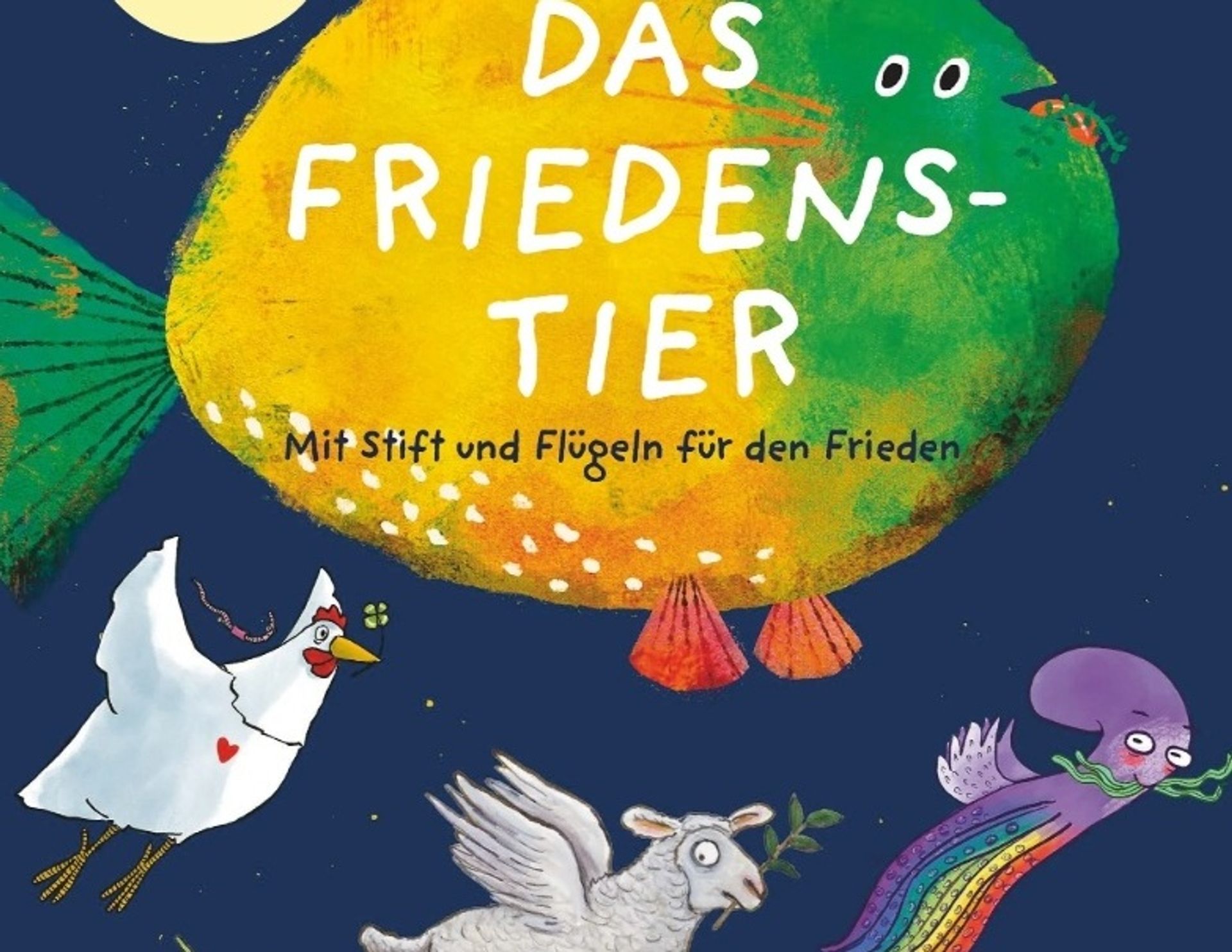 Ein großer grüngelber Fisch wird begleitet von einem Huhn sowie einem Schaf mit Flügeln und Ölzweig sowie einem Kraken in Regenbogenfarben und mit Flügeln.