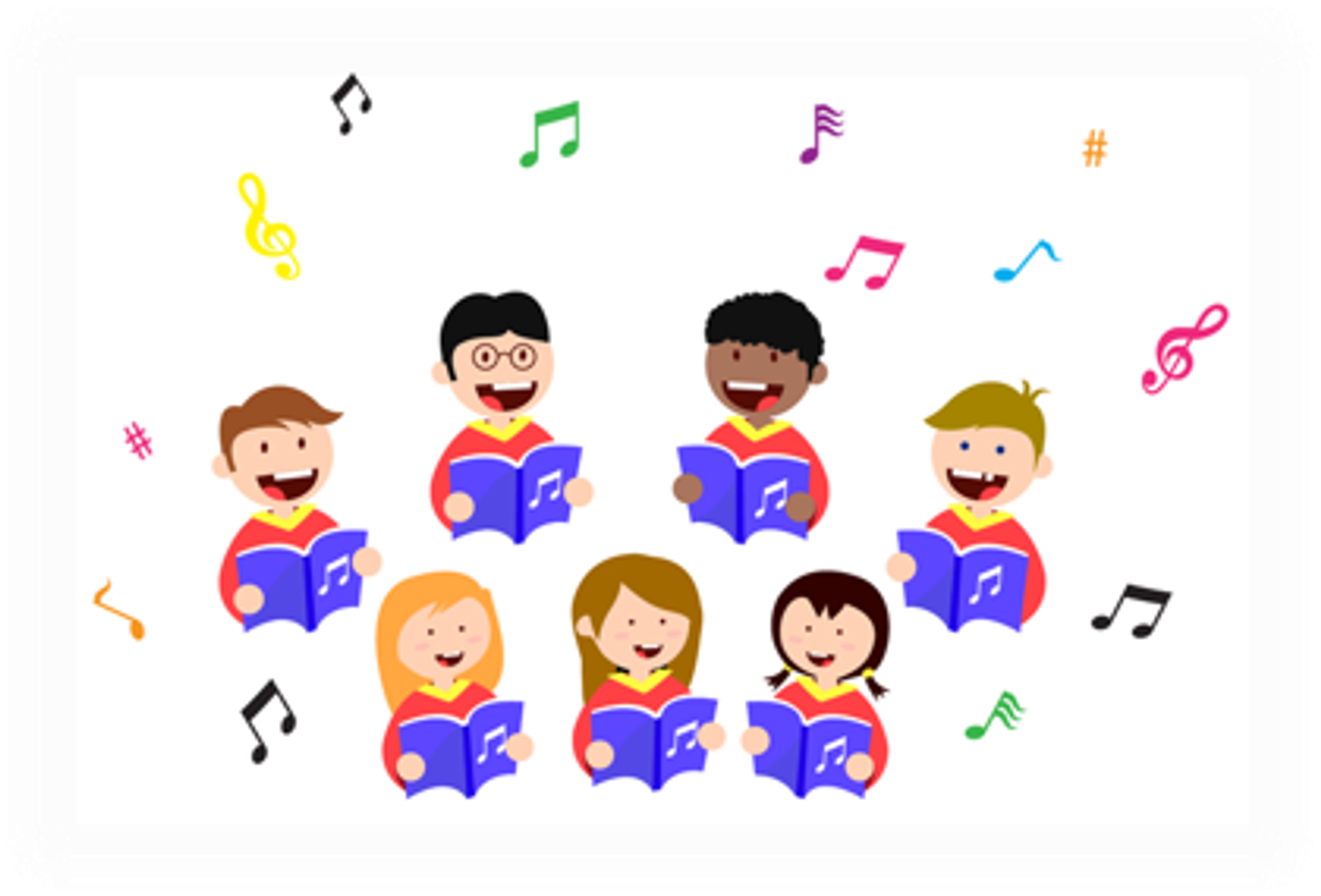 Clipart von singenden Kindern. Notenschlüssel und Noten darum.