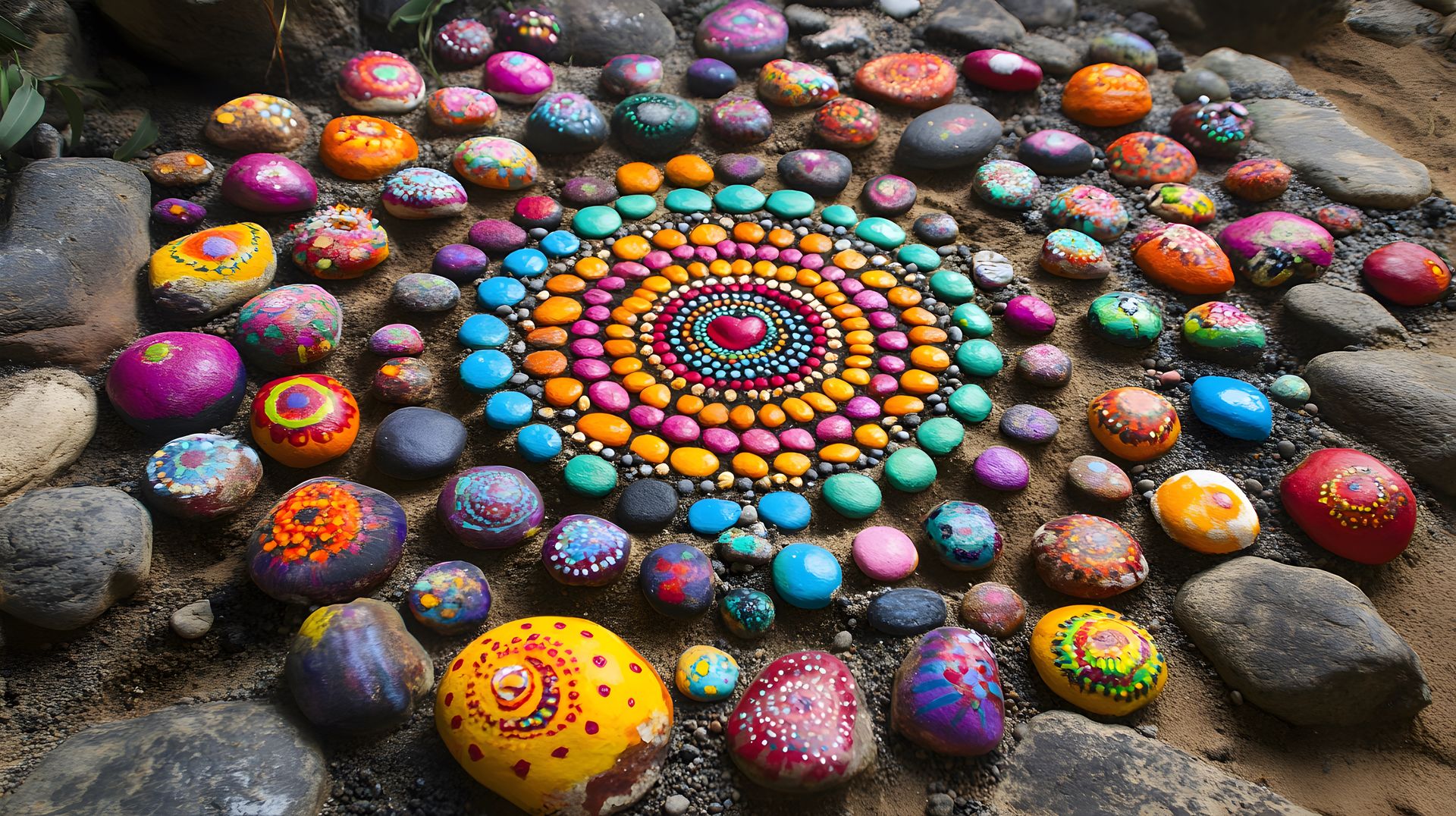 Foto von bemalten Steinen, in Form eines Mandalas in den Sand gelegt.
