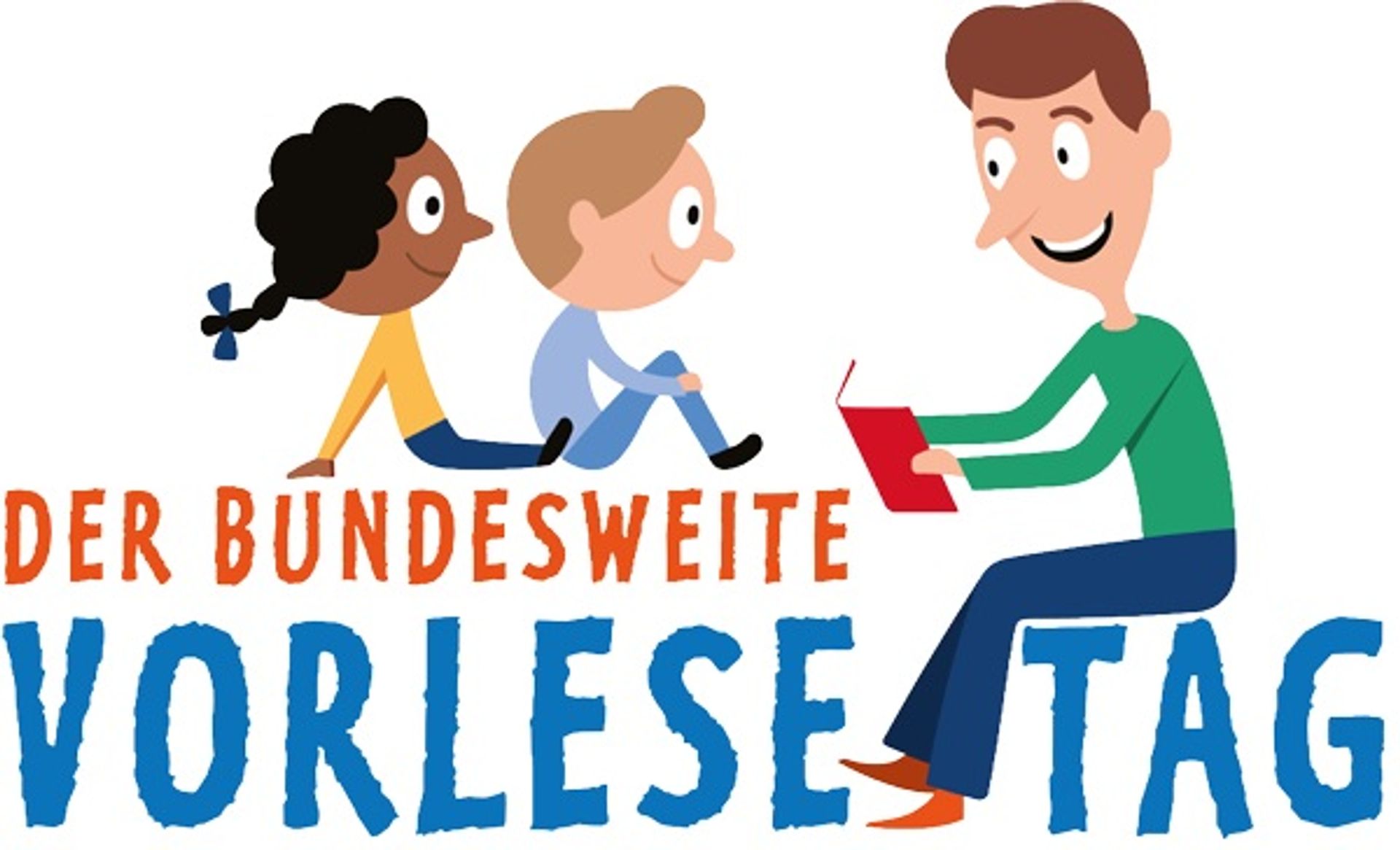Ein Mann liest aus einem roten Buch. Zwei Kindern sitzen vor ihm und hören zu.