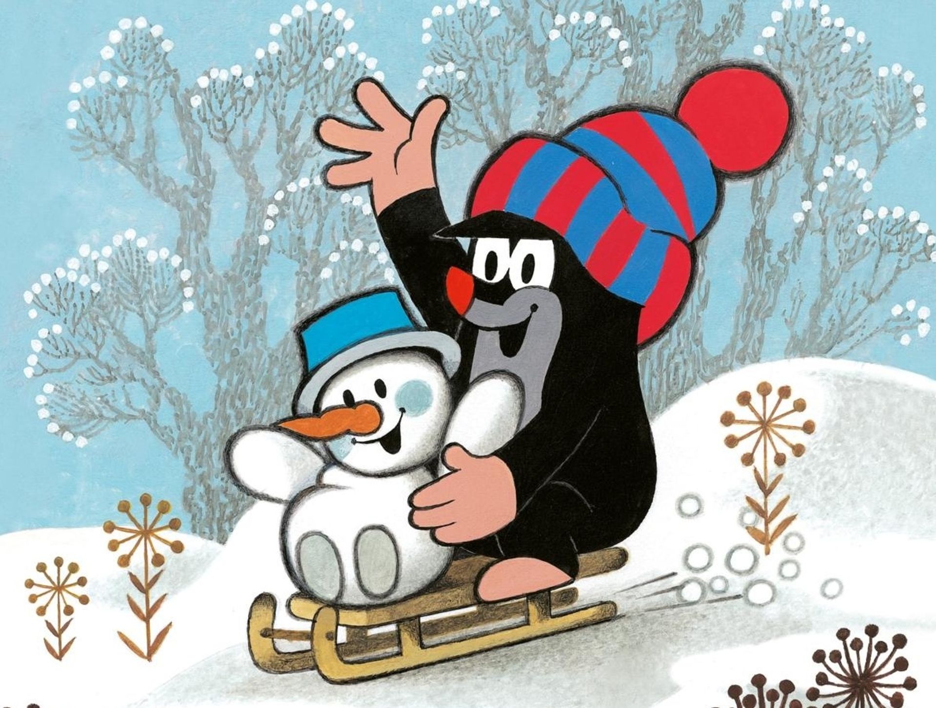 Der kleine Maulwurf  mit einer blau-roten Pudelmütze rodelt mit einem Schneemann mit blauem Hut den Hügel hinab.
