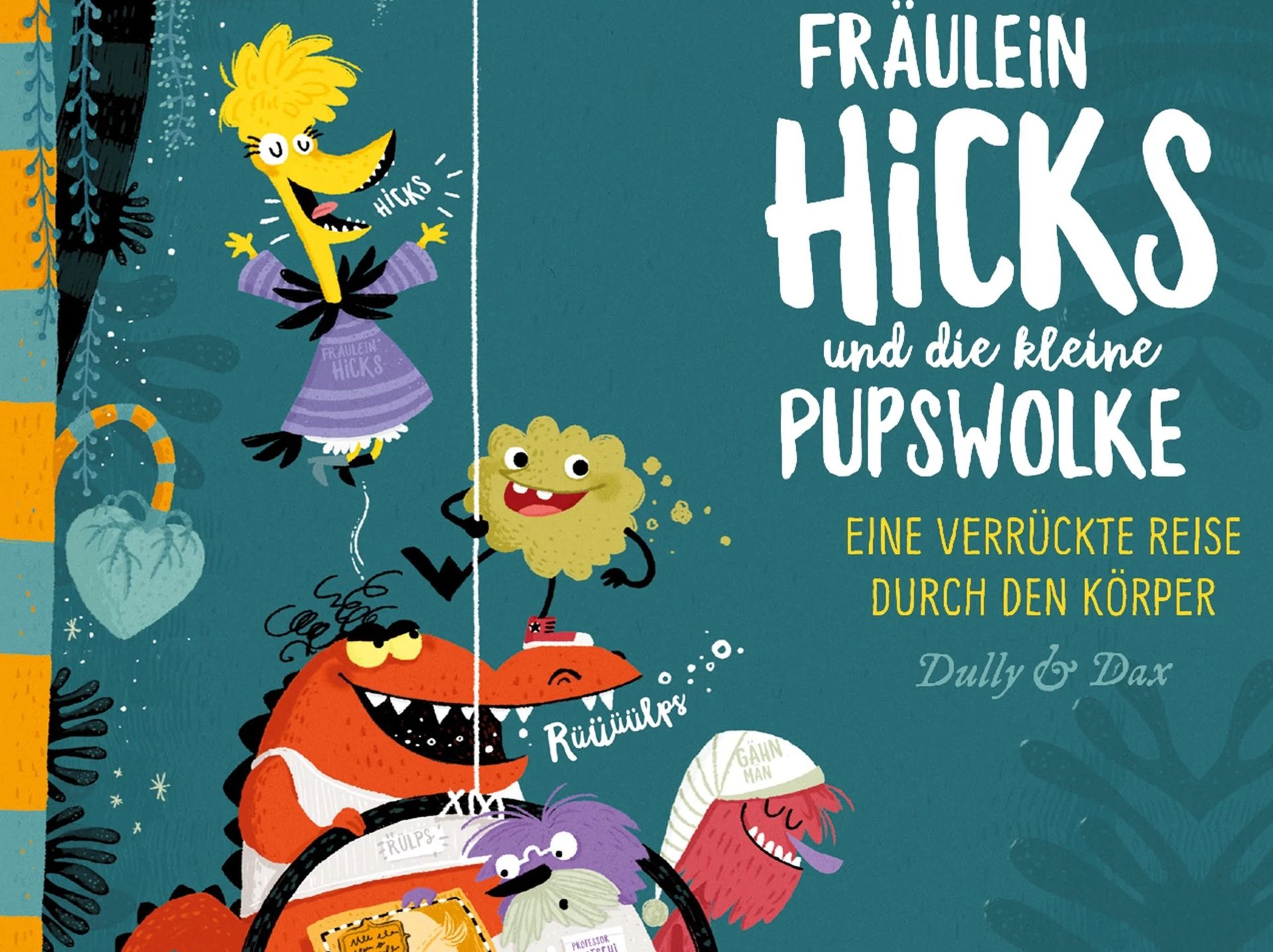 Verschiedene bunte Fantasietiere hicksen, rülpsen oder gähnen.
