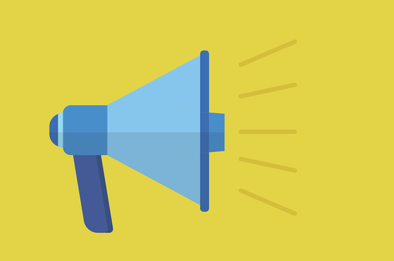 Grafik: blaues Megafon auf gelbem Grund, symbolisiert die Weitergabe von Information