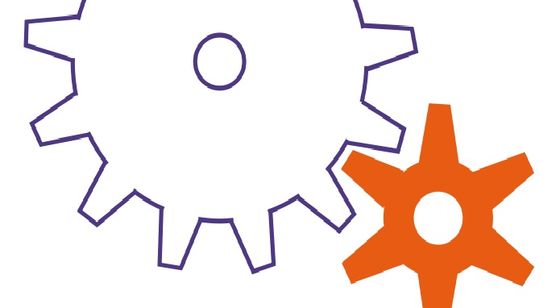 42. Repair Café Großes weißes und kleines oranges Zahnrad