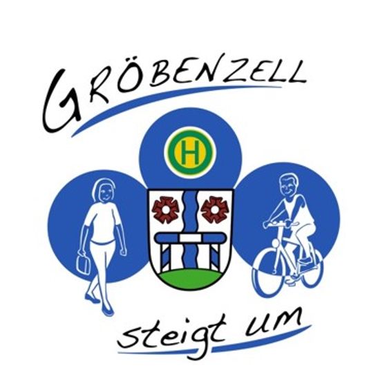 Key-Visual bzw. Logo von Gröbenzell steigt um: Wappen mittig, Radfahrer, Fußgängerin, Schriftzug