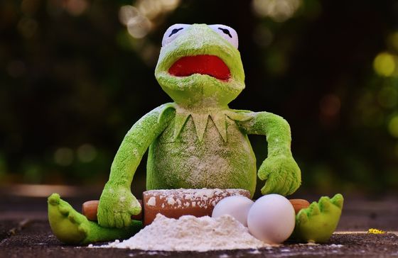 Kermit der Frosch mit einem Nudelholz und zwei Eiern, voll mit Mehl.
