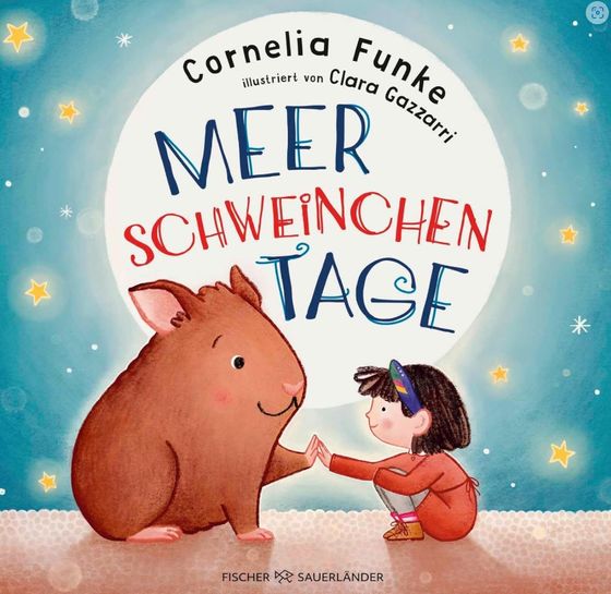 Ein braunes Meerschweinchen und ein gleichgroßes Mädchen im roten Kleid hocken sich gegenüber und reichen sich die Hand/Pfote vor einem Sternenhimmel.