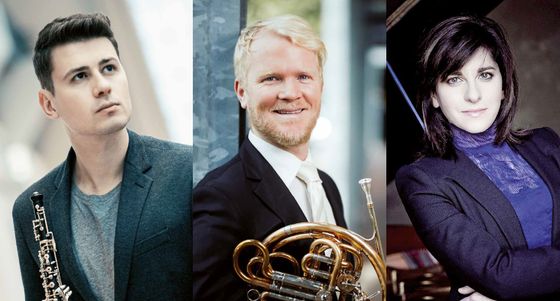 Gröbenzeller Konzertreihe: Godik, Eß und Rubinova Drei Musiker, von links nach rechts: Godik mit Oboe, Ess mit Horn, Rubinova am Klavier