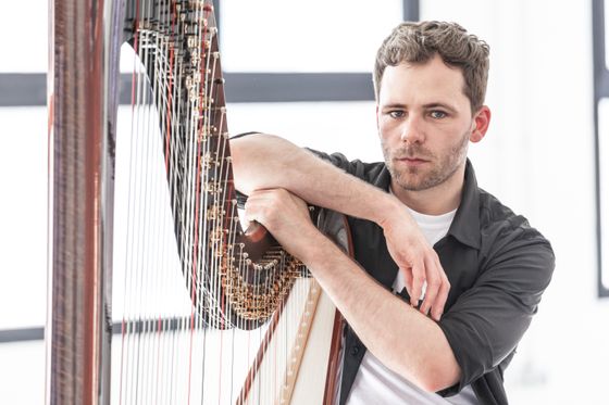 Musiker Boldachev an der Harfe