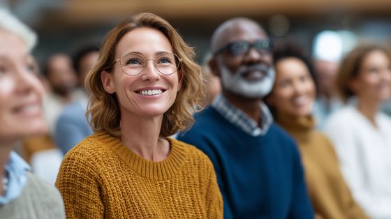 Frau im Auditorium lächelt freundlich beim aufmerksamen Zuhören, neben ihr sitzen (geblurred) weitere gut gelunte Menschen in mehreren Reihen und hören auch zu