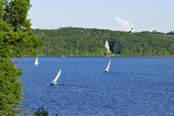 Seniorenwanderung: Spätsommer am See Starnberger See im Sommer: weiße Segelboote ziehen übers tiefblaue Wasser