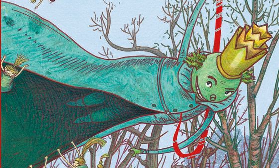 Ausstellung „Poesie für Kinder“ Quer vor einem Gestrüpp fliegt eine grüne Gestalt mit langem grünen Mantel und dreistöckiger Krone.