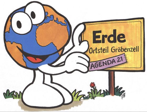 Plenum der Agenda 21 Der "Gröby" (=Weltkugel mit Armen, Beinen, Augen, etc.) mit einem Ortsschild "Erde" und "Ortsteil Gröbenzell" der Agenda 21.