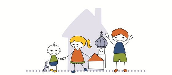 Bunte Zeichung: drei Kinder vor einem stilisierten Haus, im Hintergurnd die Kirche St. Johann Baptist