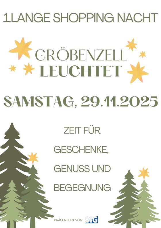 Clip-Art Christbäume, Text "Gröbenzell leuchtet", Terminankündigung und weiterer Text "Zeit für Geschenke, Genuss und Begegnung"
