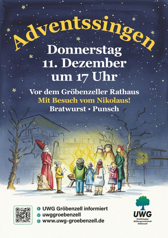 Zeichnung: Adventsfeuer, Nikolaus, Kinder und Erwachsene stehen im Kreis, im Hintergrund das Rathaus skizziert. Logo der UWG und Text "Adventssingen" mit Terminankündigung und Hinweis auf Nikolausbesuch, Bratwurst, Punsch.