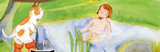 Ein weiß-braungefleckter Kater mit zwei Stiefeln  reicht einem Herrn, der in einem Teich sitzt eine Jacke.