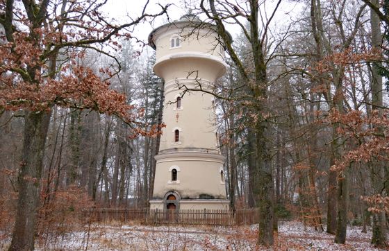 Bild eines Wasserturms in einem Wäldchen, Schnee bzw. Reif liegen