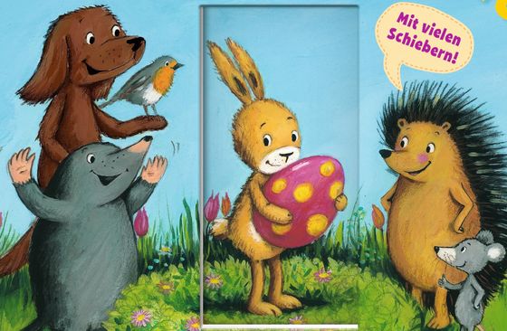 Ein Hase mit einem roten Osterei mit gelben Punkten steht auf einer Tulpenwiese. Links stehen ein Hund mit einem Rotkehlchen auf der Pfote und ein Maulwurf , rechts ein Igel und eine Maus.