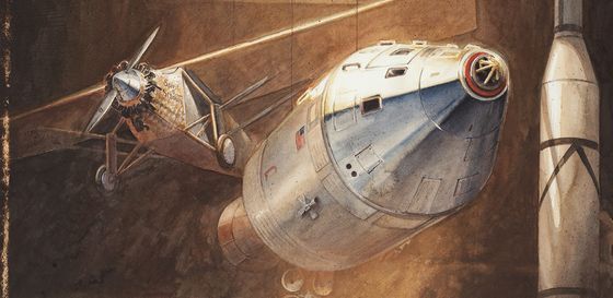 Von der Decke hängt eine Raumkapsel, dahinter das alte Flugzeug "Spirit of St. Louis".