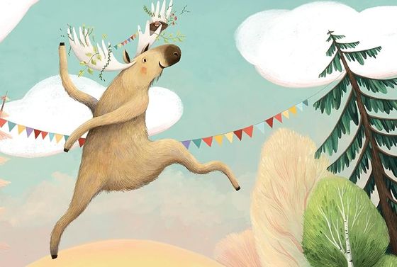 Ein Elch mit geschmücktem Geweih tanzt vor einer bunten Girlande über Hügel und Wald