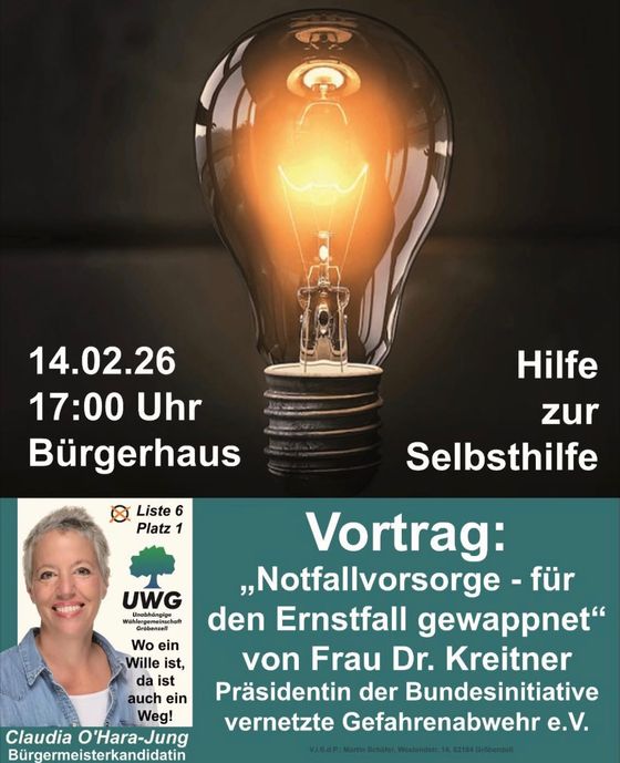 Plakat der Veranstaltung. Oben Bild einer Glühbirne, unten Text und Foto des Wahlplakats von Claudia O'Hara-Jung.