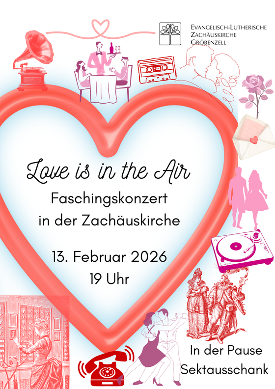 Plakat der Veranstaltung: rotes Herz und comicartige rosa Zeichnungen drum herum.