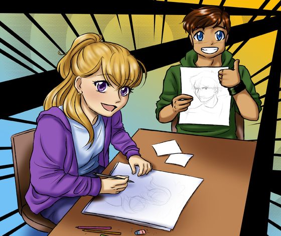 Ein Mädchen sitzt an einem Tisch, vor sich ein Papier mit zwei skizzierten Figuren. Neben dem Tisch steht ein Junge, der ebenfalls ein Blatt mit einer skizzierten Figur zeigt.