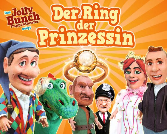 Puppentheater mit Kasperl, Krokodil, Räuber, Polizist, Prinzessin, Seppel darüber ein großer goldener Ring