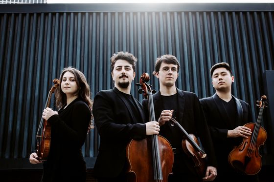 Vier Musiker mit Streichinstrumenten