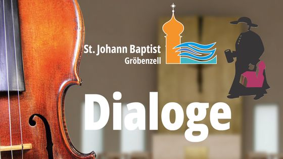 Bildausschnitt einer Violine, Logo Kirche und der Schriftzug Dialoge. 