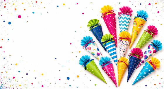 Sechs Erstklass-Kinder stehen mit ihren Schultüten vor der Tafel und lachen in die Kamera.