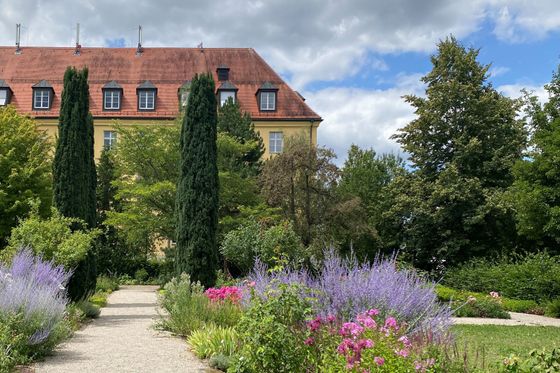 Foto eines blühenden Gartens. Im Hintergrund ein großes gelbes Haus.