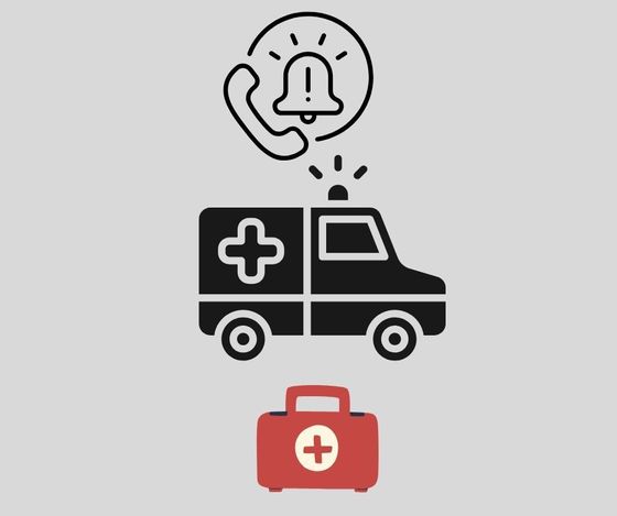Icon eines Notrufs, eines Krankenwagens und eines Verbandskastens