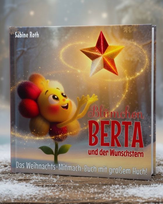 Eine gelbe Blume mit Gesicht reckt die Arme nach oben zu einem bunten Stern.