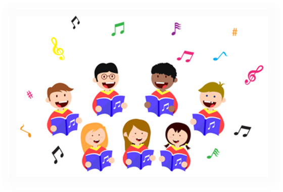 Clipart von singenden Kindern. Notenschlüssel und Noten darum.