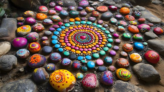 Foto von bemalten Steinen, in Form eines Mandalas in den Sand gelegt.