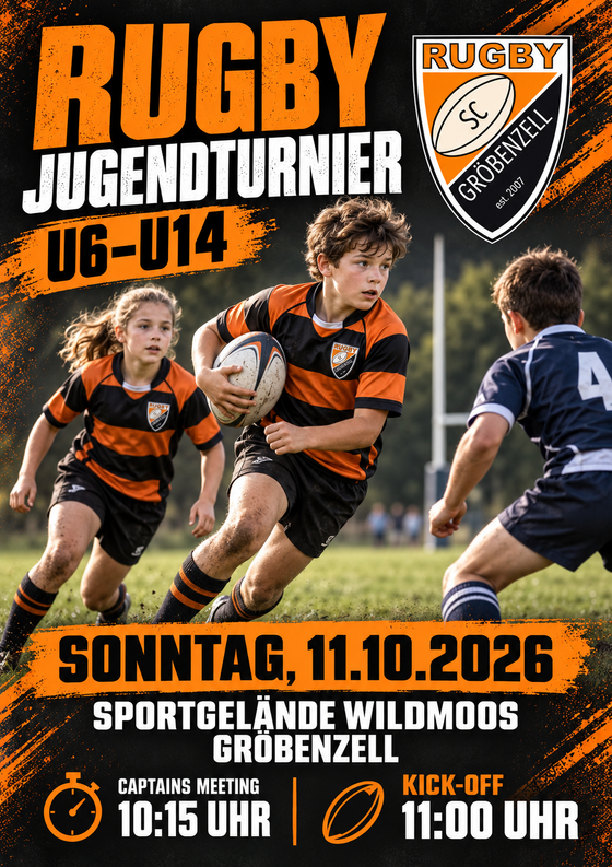 Plakat zur Veranstaltung mit Rugby spielenden Kids. Orange und schwarze Gestaltung.