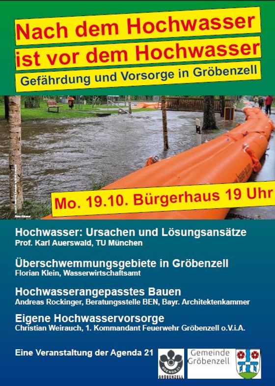 Plakat der Veranstaltung mit Infos zu den Vortragenden und zum Termin. Foto des Gröbenbachs mit viel Wasser.