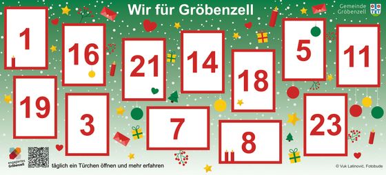 Ansicht des Gröbenzeller Adventskalenders 2024  ("Gesichter des Ehrenamts") - alle Türchen noch geschlossen