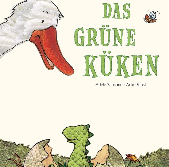Eine weiße Gans schaut von oben auf einen kleinen grünen Drachen, der aus einem Ei geschlüpft ist.