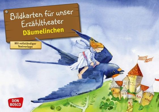 Ein sehr kleines Mädchen fliegt auf dem Rücken einer Schwalbe über eine Burg.