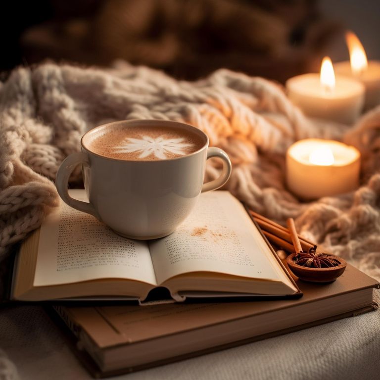 Gemütliche Stimmung: Bücherstapel, eine Tasse Kaffee, Weihnachtsgewürze und Kerzenschein